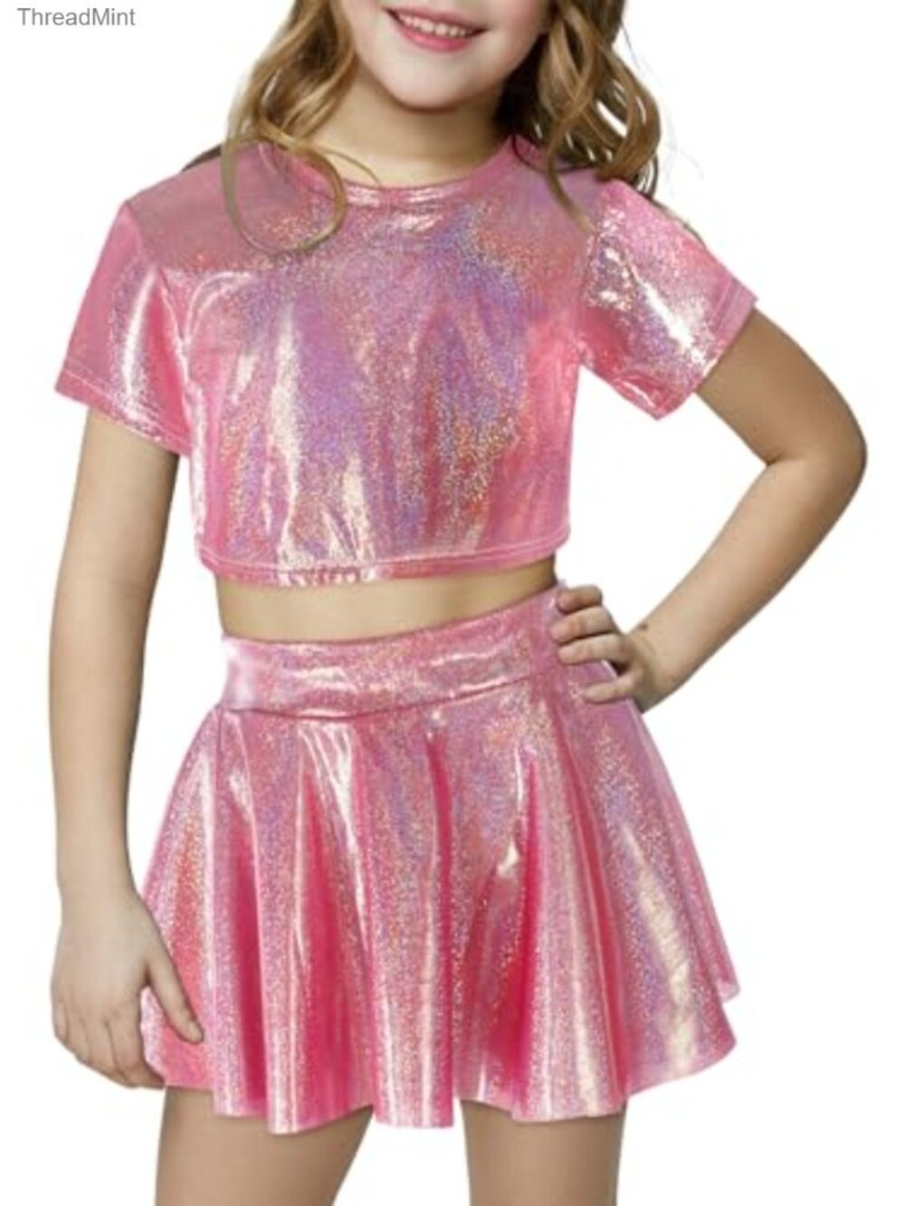 Girls Sequin Metallic Crop Top & Skirt Set Hip Hop Dance Costume Shiny